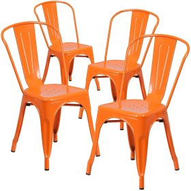 Set of 4 Outdoor Indoor Orange Metal Stacking Bistro Dining Chairs